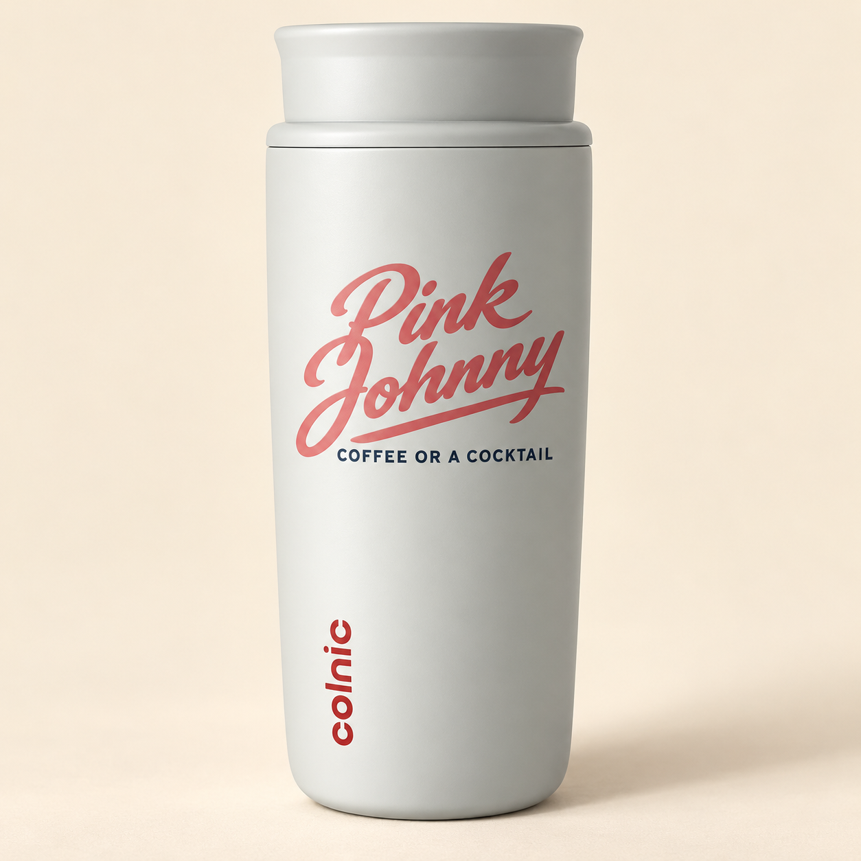 Ivory travel mug mockup with pink Pink Johnny script and navy Coffee or a Cocktail lettering